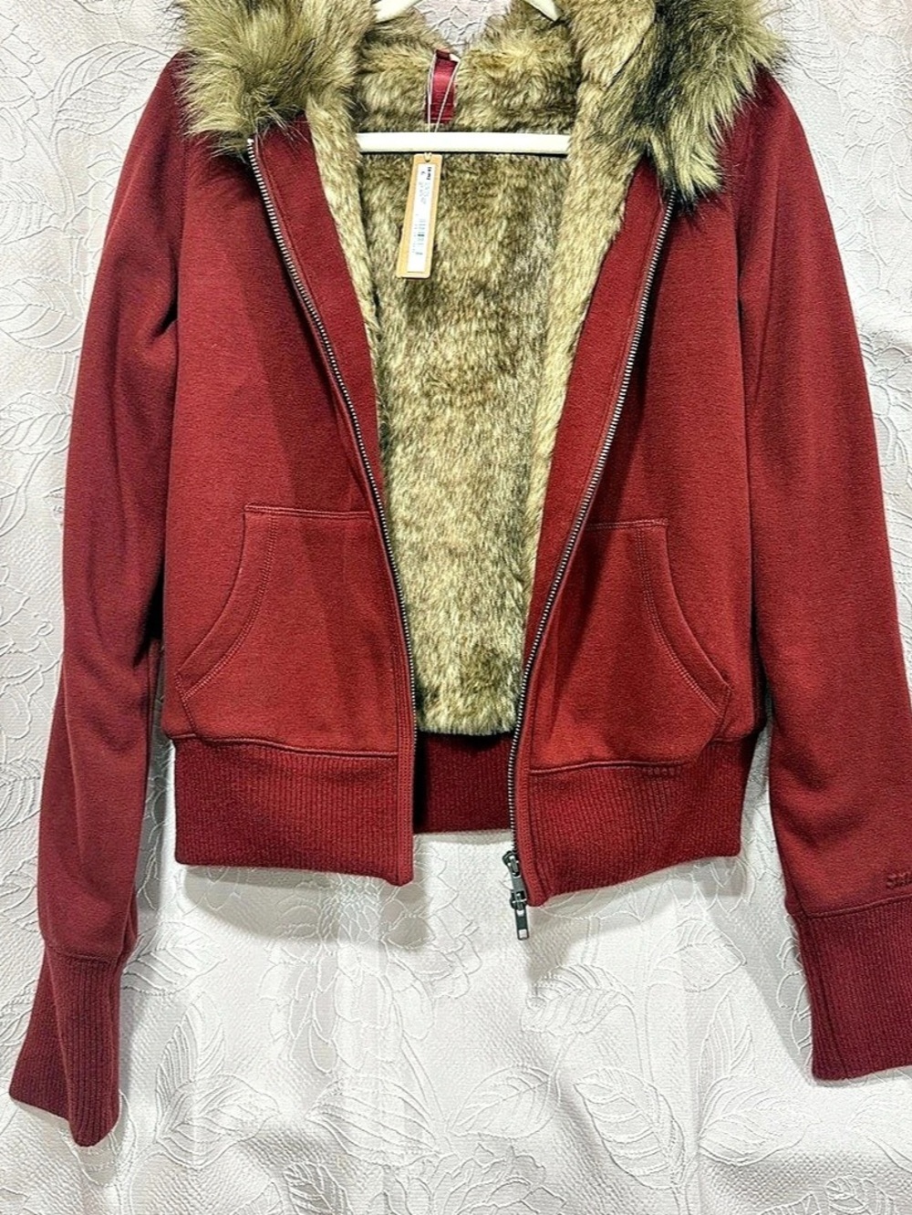SKIMS Cotton Fleece Faux Fur Lined Zip Up Hoodie Merlot Size M